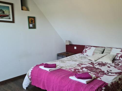 a bedroom with a large bed with a purple blanket at Longère sarthoise rénovée, à 20 min du Mans, 4 chambres, poêle à granulés, parking privé - FR-1-410-376 in Connerré