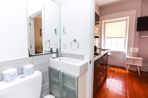 uma casa de banho com um lavatório e um espelho em Charming & Stylish Studio on Beacon Hill #12 em Boston