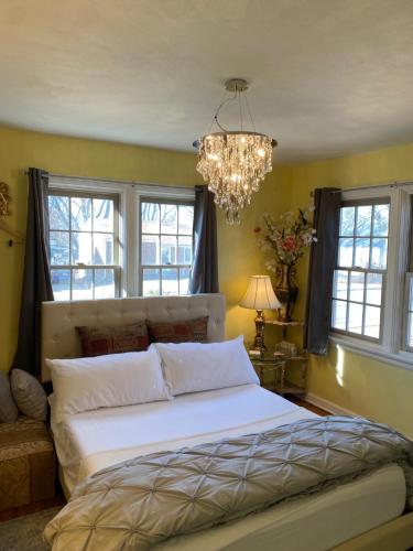 a bedroom with a large bed and a chandelier at Cozy room near Airport & Highway in Saint Louis