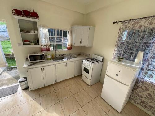 una cocina con armarios blancos y un horno de fogón blanco en Evergreen en Kingstown
