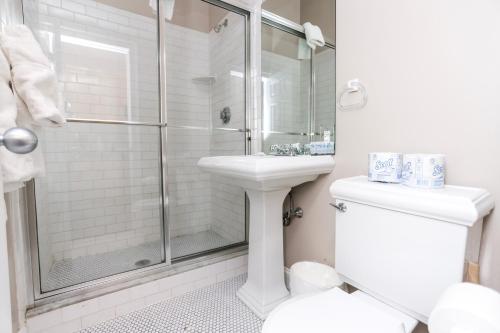a bathroom with a shower and a toilet and a sink at Cozy Downtown Studio, #41 in Boston