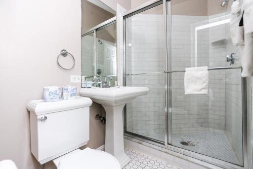 a bathroom with a shower and a toilet and a sink at Heart of South End, Convenient, Comfy Studio #42 in Boston