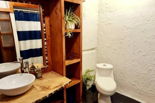 a bathroom with a white toilet and a sink at Espacio Borde Rio, Casa Pisqu in Vicuña