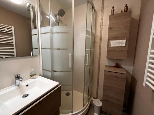 une salle de bain avec douche et lavabo dans l'établissement Appartement avec Terrasse à 50m de la Plage des Sables-d'Olonne - FR-1-197-429, à Les Sables-dʼOlonne