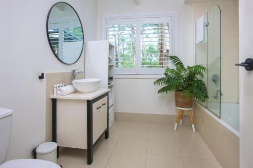 baño con lavabo, espejo y planta en Belle Cottage Sassafras Village, en Sassafras
