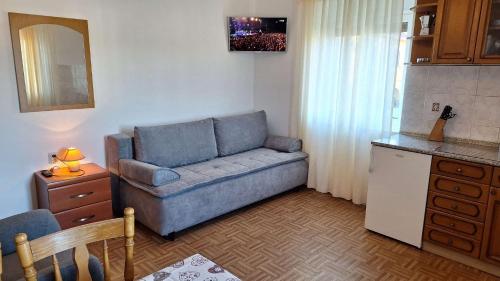a living room with a blue couch and a kitchen at Apartments Zvone - at the water front in Veli Rat