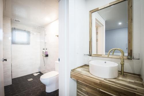 a bathroom with a sink and a toilet and a mirror at Handongijen Pension in Jeju