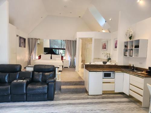 a kitchen and living room with a couch and a bed at Gallery Walk Chalets - Tamborine Mountain in Mount Tamborine