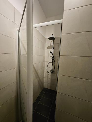 a walk in shower with a black tile floor at A Place 4 U no22 in Athens