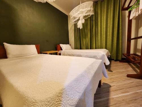 2 camas en una habitación con cortinas verdes en Del Cielo Serviced Apartments en Entebbe