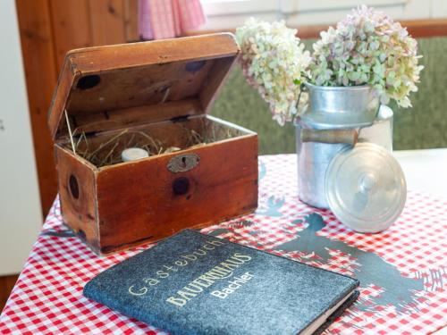a book on a table with a box and a vase of flowers at Farmhouse Bramberg near Wildkogelbahn in Neukirchen am Großvenediger
