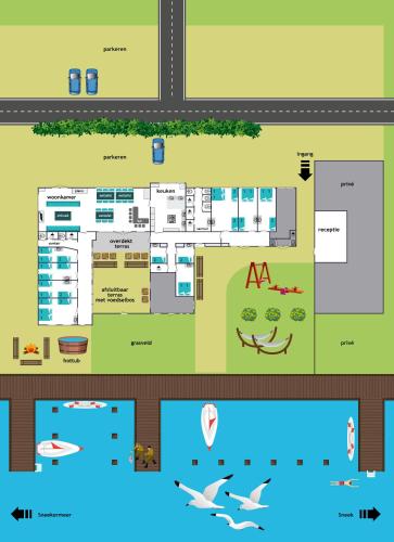 a floor plan of a resort with swimming pools at Het Toppunt groot vakantiehuis aan het water in Sneek