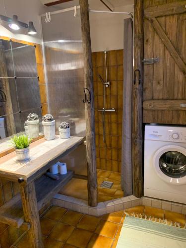 a bathroom with a washing machine and a shower at Lille Degnbøl Holiday House in Degnbøl