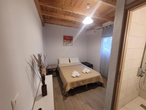 a small bedroom with a bed and a shower at center apartments in Lefkada Town
