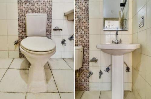 2 immagini di un bagno con servizi igienici e lavandino di OYO Hotel Crown Plaza a Rudrapur