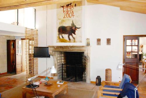 un salon avec une cheminée et une photo d'un cheval dans l'établissement Les Tourelles, à Uzès