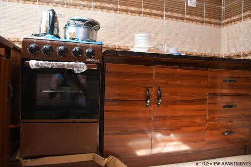 a kitchen with a stove and wooden cabinets at Tegsview Apartments, Ughelli in Ughelli