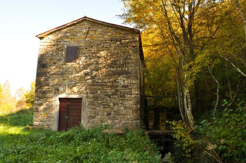 an old stone building with a door in the grass at KIŽIN House, Cozy apartments by Istrian Embrace in Brezovica pri Gradinu