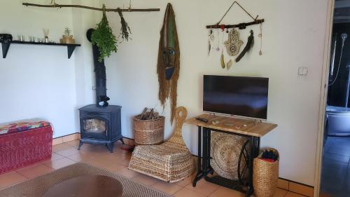 a living room with a tv and a wood stove at TUTTO House&Home in Lubno