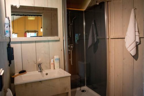 a bathroom with a sink and a shower with a mirror at Luxe Safaritent 6 persoons op Camping Rijsterbos in Rijs