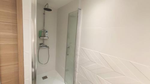 une douche avec une porte vitrée dans une salle de bain dans l'établissement Maison de pêcheur à Giens les pieds dans l'eau !, à Hyères