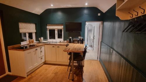 a kitchen with green walls and a wooden counter top at Bijou Malthouse in Alcester