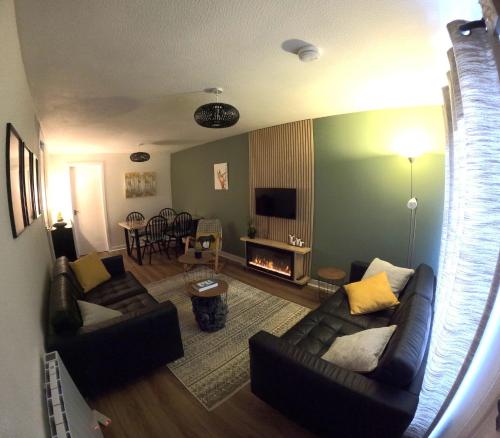 a living room with two couches and a fireplace at Orange Squirrel Lodge in Aviemore