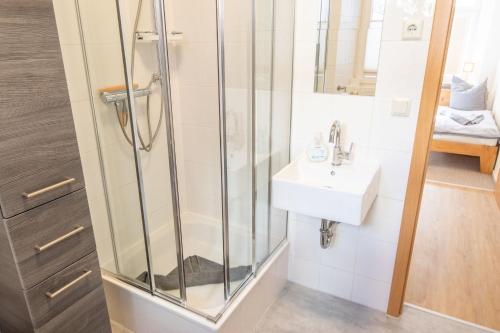 a bathroom with a shower and a sink at Ferienwohnungen in der Altstadt Stralsund in Stralsund