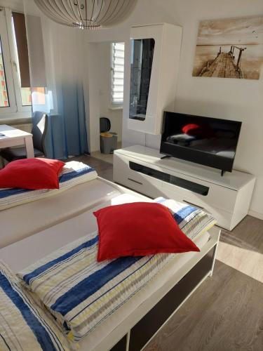 1 Schlafzimmer mit 2 Betten und einem Flachbild-TV in der Unterkunft Wohlfühlort in Zwenkau