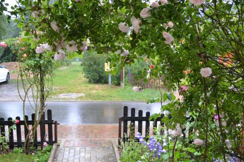 un jardín con una valla y flores rosas en Gemütliche Ferienwohnung, separater Eingang, 