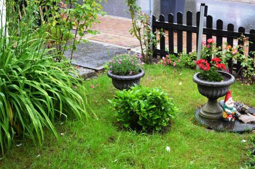 un jardín con dos macetas de flores en el césped en Gemütliche Ferienwohnung, separater Eingang, 