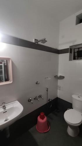 a bathroom with a white toilet and a sink at Kripa Residency in Cochin
