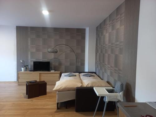 een slaapkamer met een groot bed en een televisie bij Apartmán T5 Vrchlabí in Vrchlabí