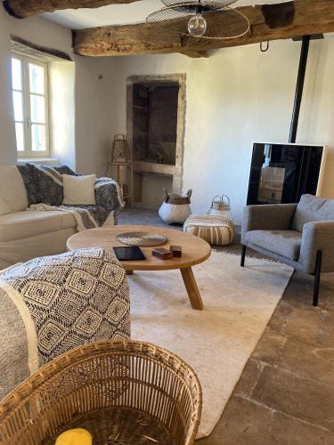 un salon avec des canapés et une table basse dans l'établissement La Grande Combe, à Saint-Izaire