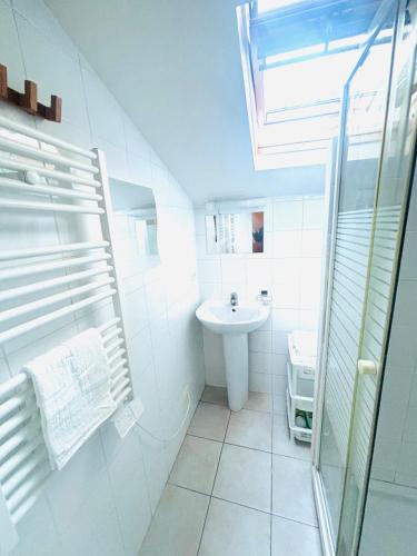 une salle de bain blanche avec un lavabo et une douche dans l'établissement Villa Reine - Nice, à Nice