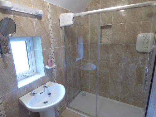 La salle de bains est pourvue d'une douche, d'un lavabo et de toilettes. dans l'établissement Parkhouse B&B, à Bunratty