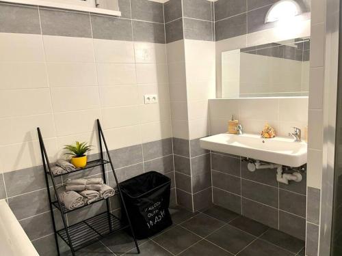 a bathroom with a sink and a mirror at Amazing large 2,5rooms with terrace and parking! in Bratislava