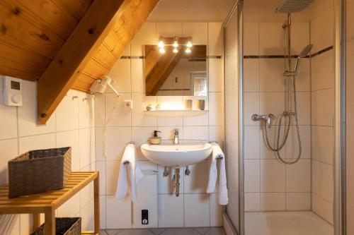 a bathroom with a sink and a shower at MP40 - Strandvogt 3 Komfort in Dorum Neufeld