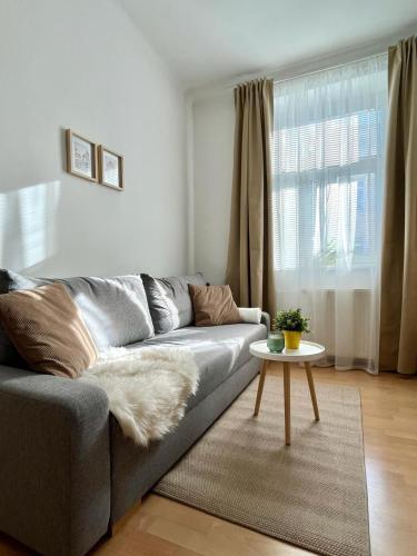 ein Wohnzimmer mit einem grauen Sofa und einem Tisch in der Unterkunft Apartment Caroline - Old Town in Bratislava