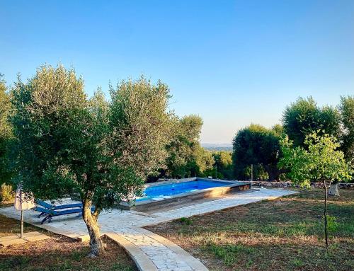 a swimming pool with two benches and a tree at Trullo Cinderella mit Mountainbike & Pool in Martina Franca