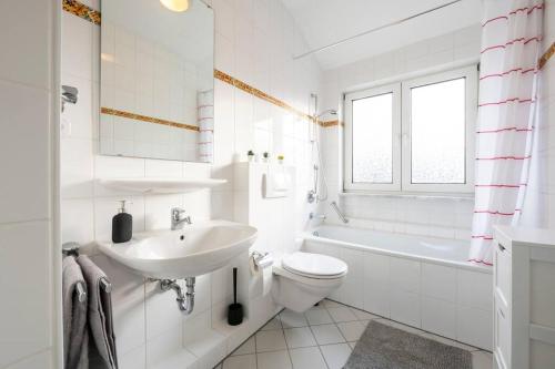 een witte badkamer met een wastafel en een toilet bij SU02 Work & Stay in Groß-Gerau! in Groß-Gerau