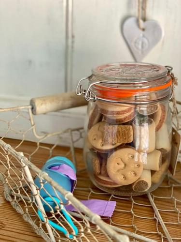 a glass jar filled with different types of rocks at Aragon Cottage in Ludlow