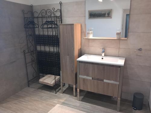 La salle de bains est pourvue d'un lavabo et d'un miroir. dans l'établissement Mas Sicard chambre d'hôtes en Camargue, à Arles