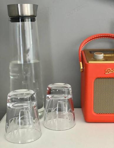 two glass jars sitting next to a radio on a counter at Aragon Cottage in Ludlow