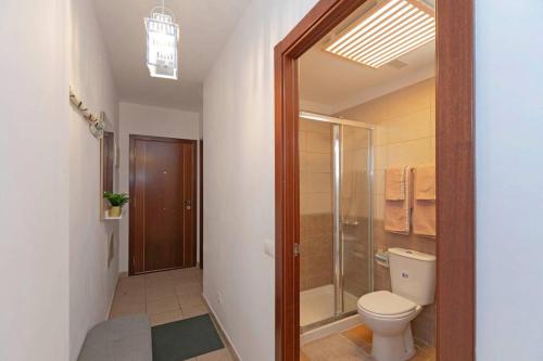 y baño con aseo y ducha a ras de suelo. en Lovely Spacious Apartment in San Isidro Tenerife en San Isidro