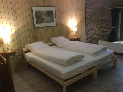 1 cama en una habitación con 2 almohadas en Gîte Les 7 Frênes, en Vaux-sur-Sûre