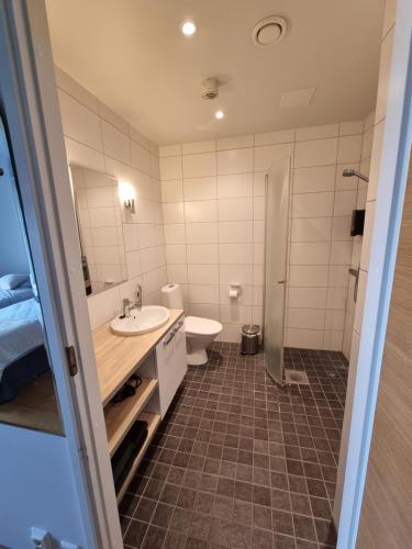 a bathroom with a sink and a toilet at Aquarius Resort in Lappajärvi