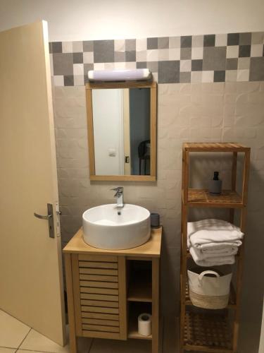 bagno con lavandino e specchio di Villa Tikoinjoli a Saint-Pierre
