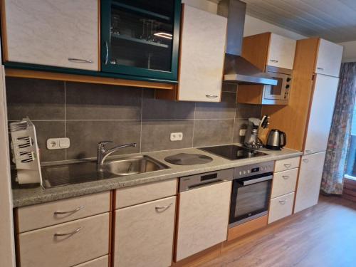 uma cozinha com um lavatório e um fogão em Haus Gabi em Neustift im Stubaital