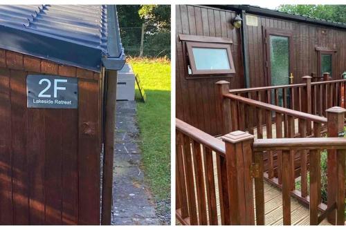 een houten hek naast een houten huis bij Lakeside retreat - Lodge 2F caer beris holiday park in Builth Wells
